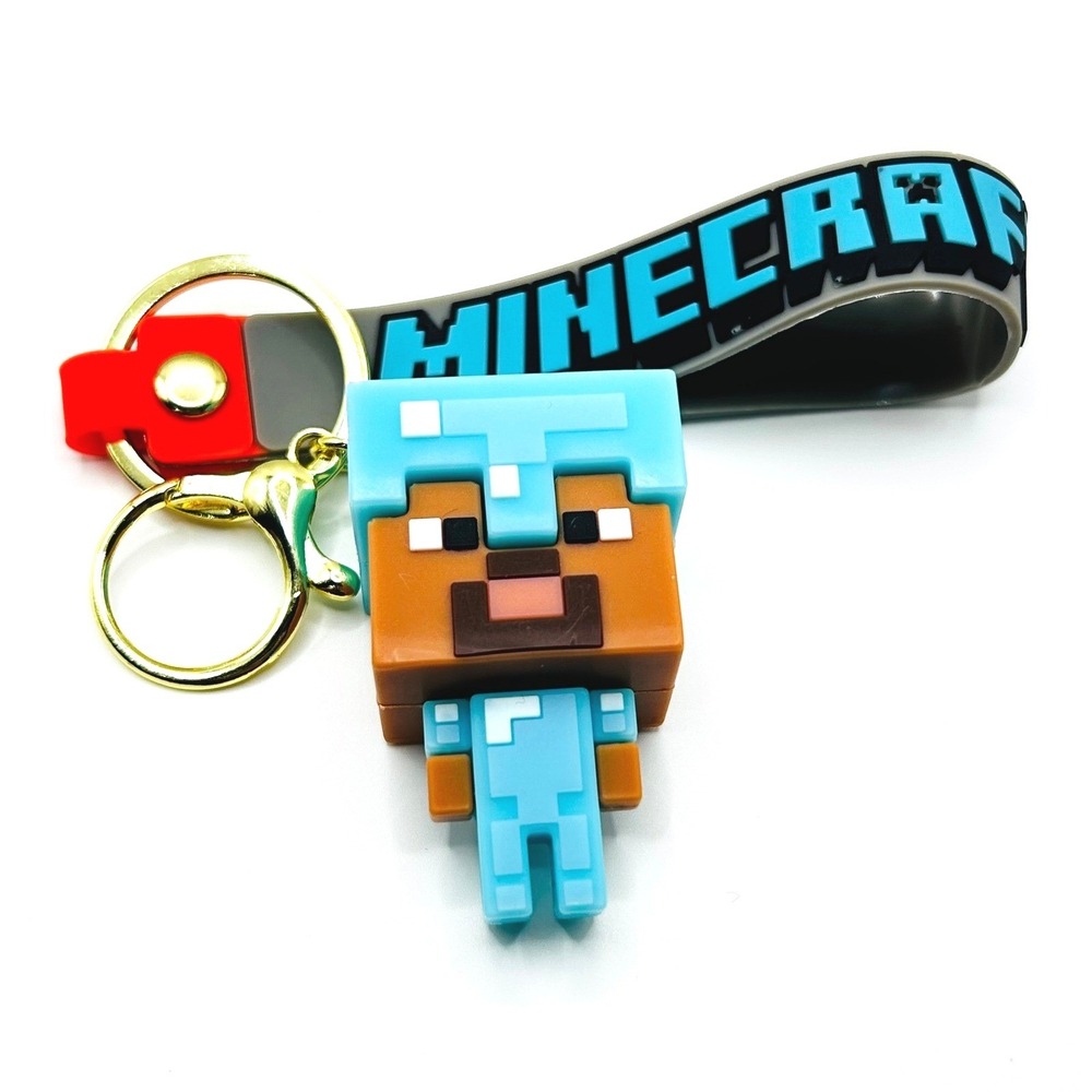 Steve Minecraft Keychain Unisex OS Blue Diamond Armor Rubber Figure Wristlet